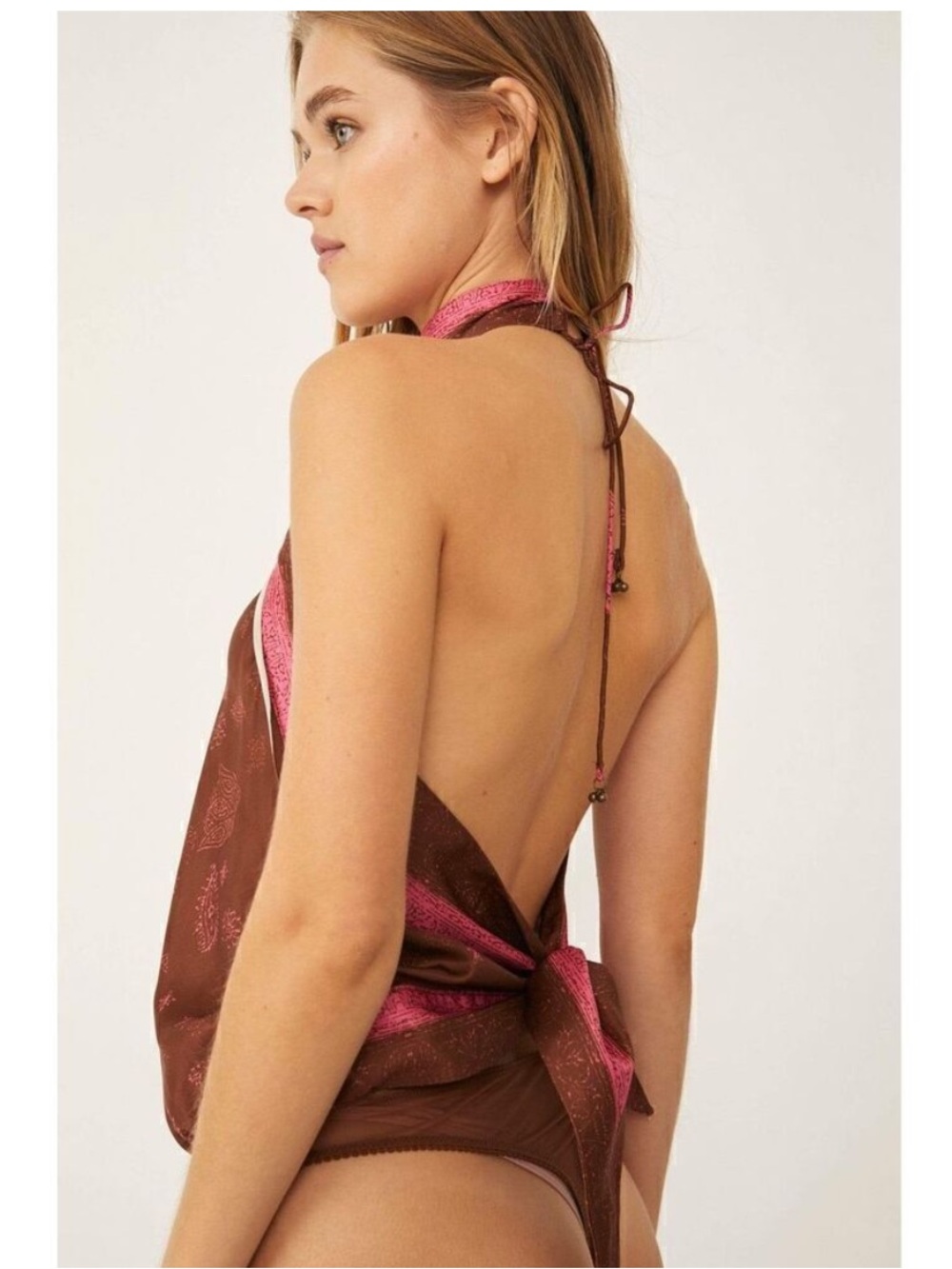 Free People 1 Thing Halter Bodysuit Brown Pink Paisley Boho Open Back S - Picture 2 of 7